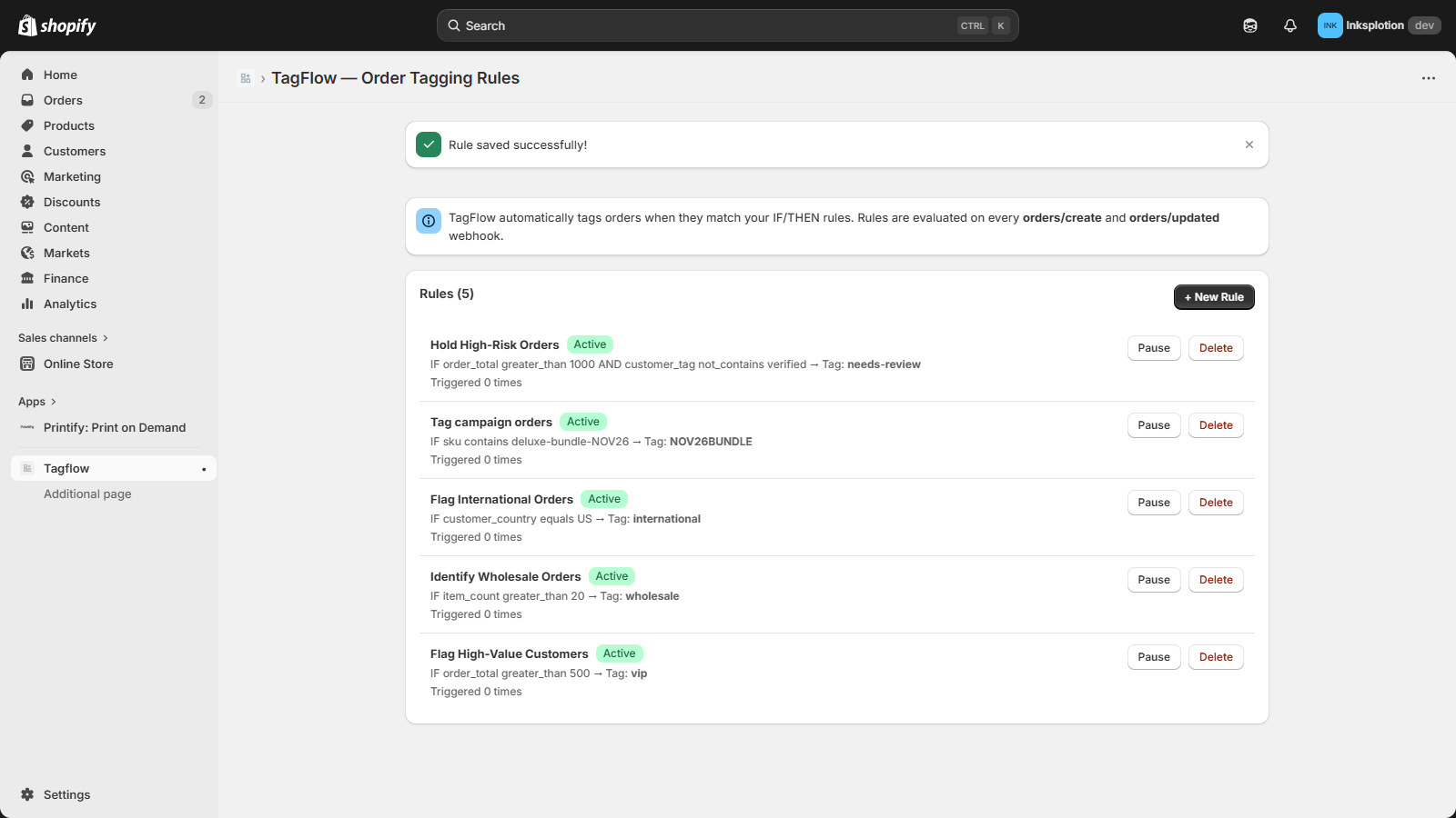 TagFlow rules dashboard showing active tagging rules